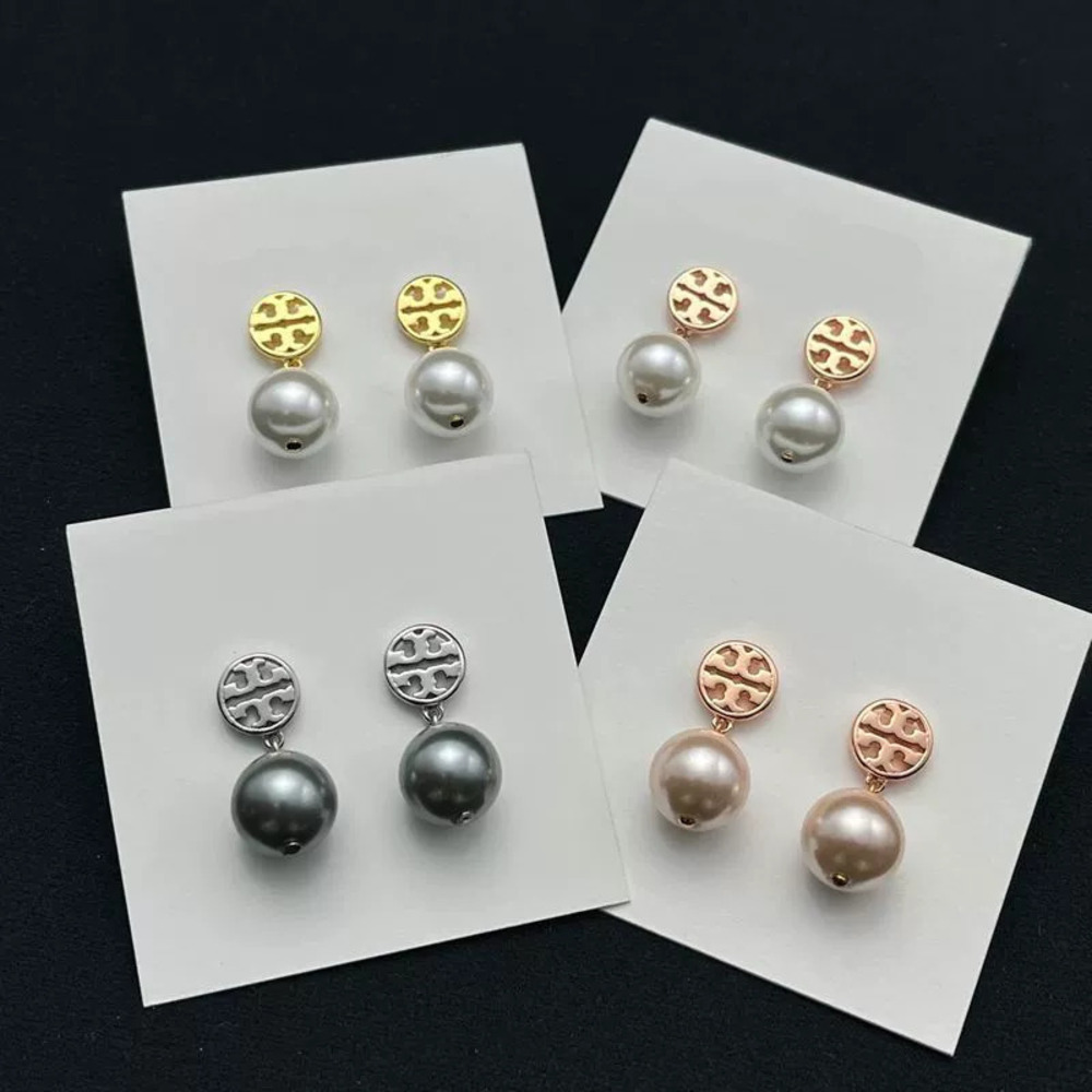 Tory Burch Round Hollow Gold Plated Double Stud Pearl Drop Earrings